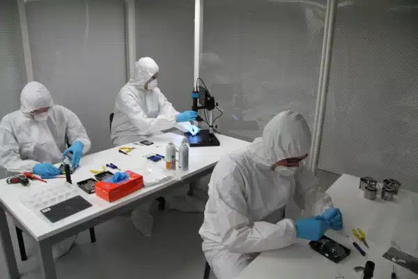 Three engineers in Class-100 cleanroom recovering data from hard drives at Payam
