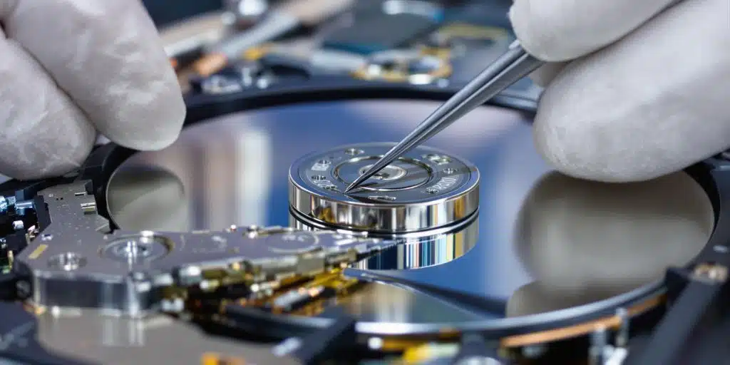 Technician repairing damaged hard drive heads with tweezers