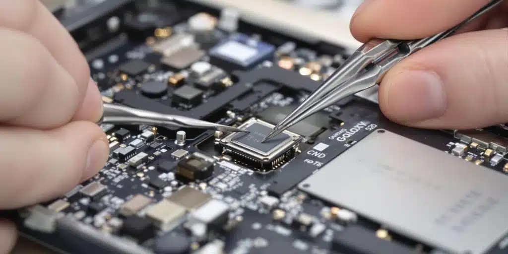 Technician removing chip from Galaxy S20 circuit board