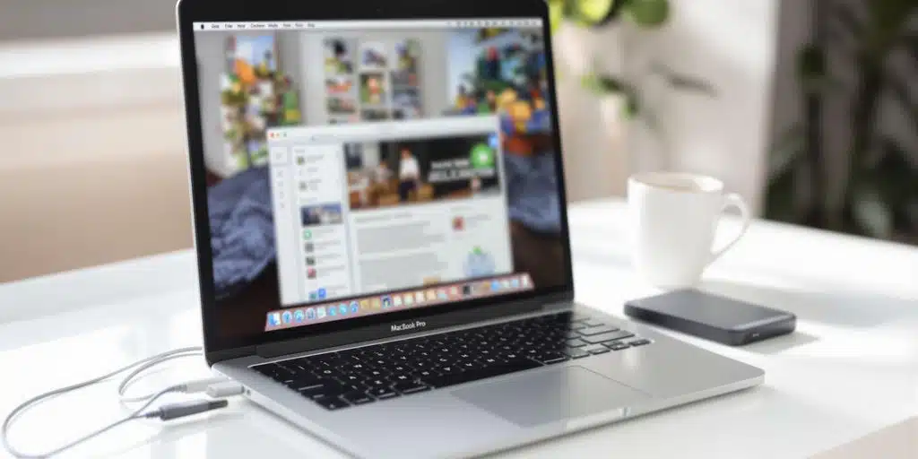 MacBook Pro with external hard drive on desk