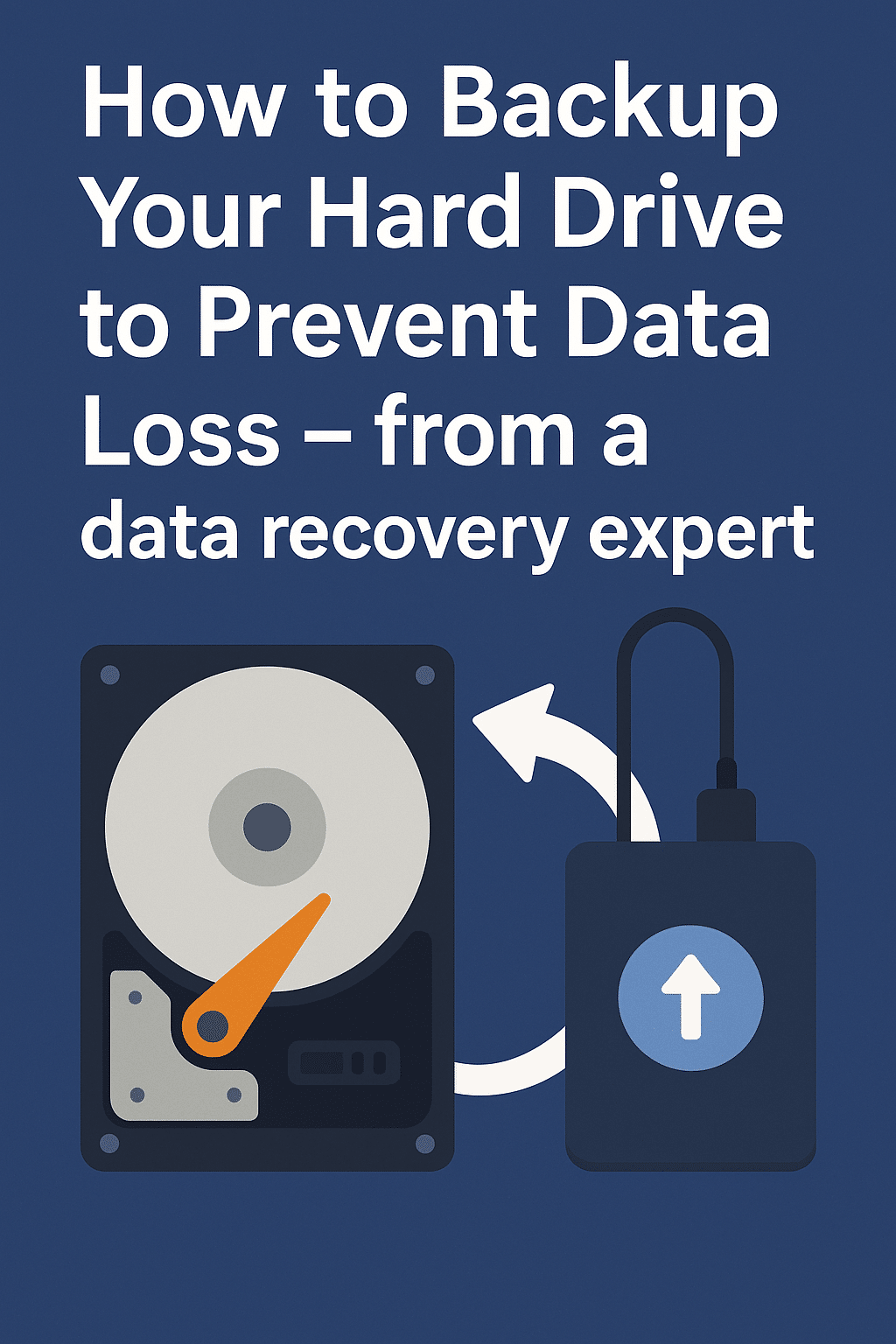 Illustration of an internal hard drive connected to an external drive with a backup arrow, explaining how to backup your hard drive from a data recovery expert.