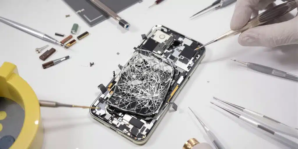 Smashed and bent iPhone 12 being repaired with recovery tools