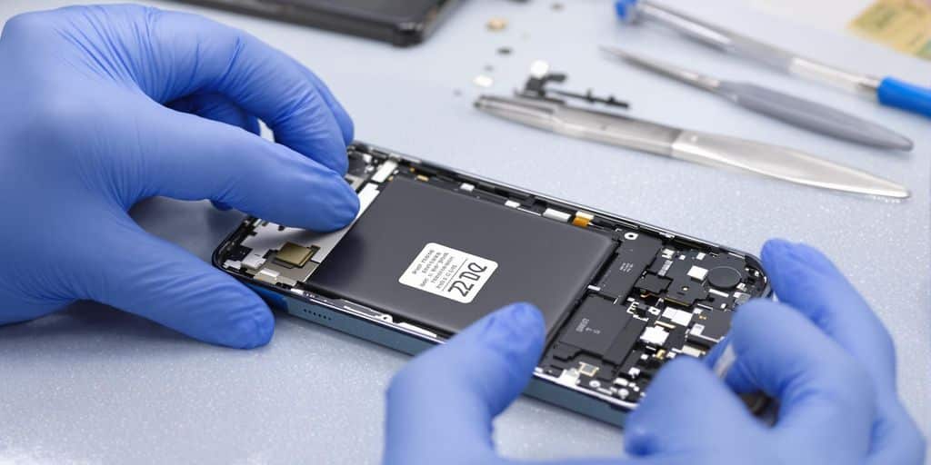 Technician repairing an opened iPhone 12 on workbench