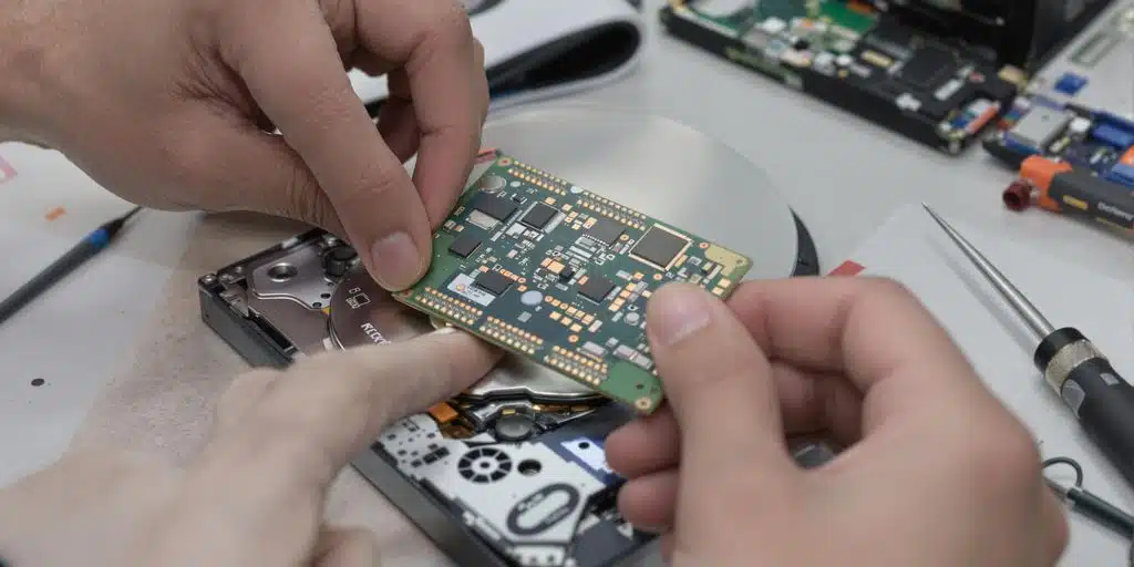 Hands removing hard drive circuit board with tools nearby