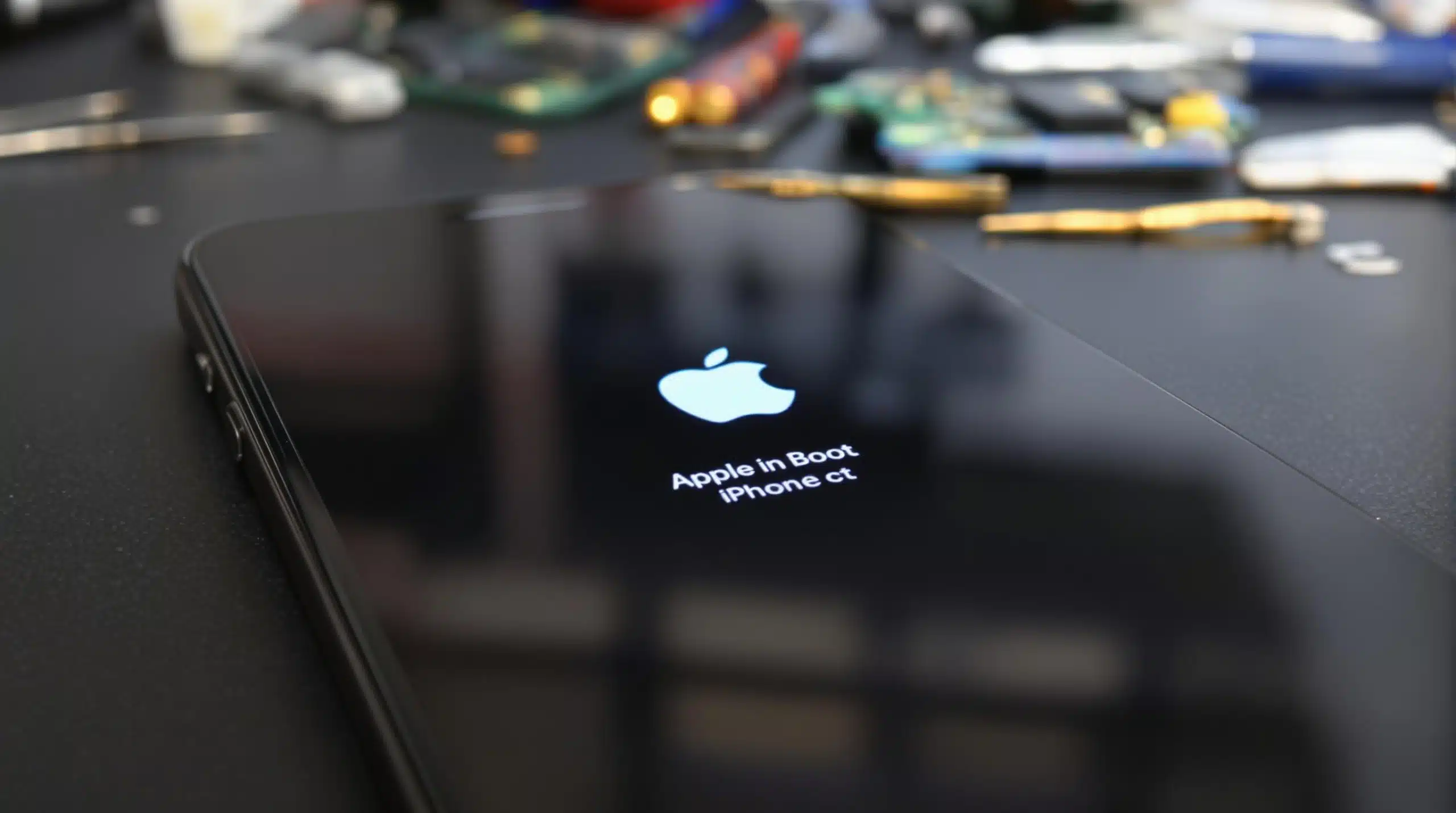 iPhone stuck on Apple logo with repair tools nearby