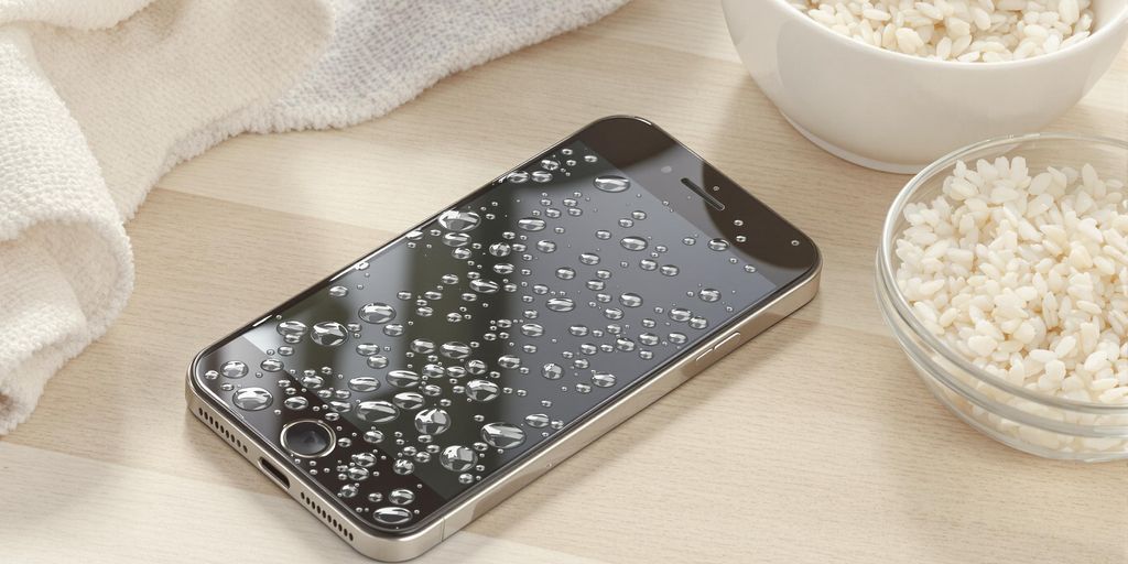 Wet iPhone with water droplets, towel, and bowl of rice
