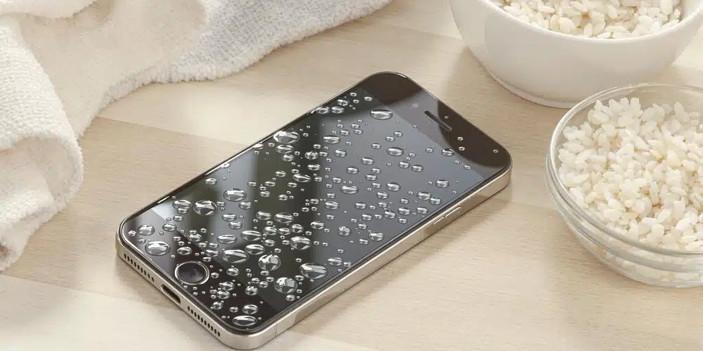 Wet iPhone with water droplets, towel, and bowl of rice