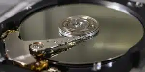 Close-up view of a hard disk drive interior