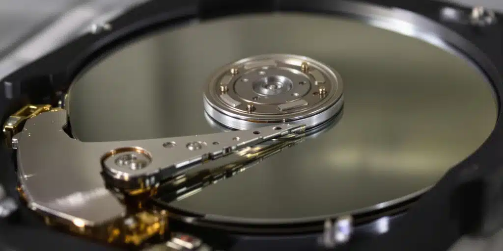Close-up view of a hard disk drive interior