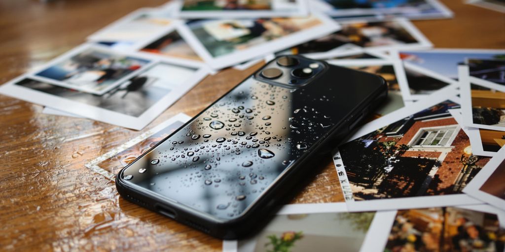 Wet iPhone 12 and scattered printed photos on table