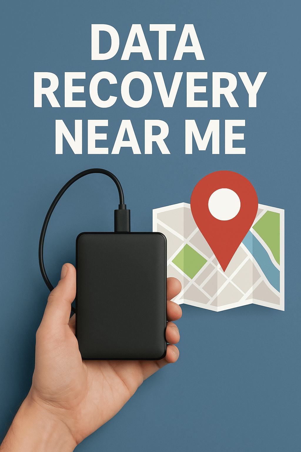 Hand holding an external hard drive with a map and red location pin, promoting data recovery near me services.
