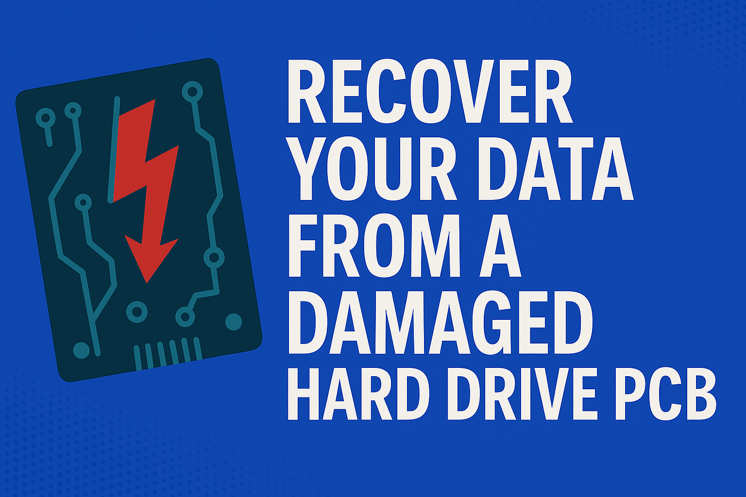 Illustration of a damaged hard drive PCB with bold text saying “Recover your data from a damaged hard drive PCB” on a blue background