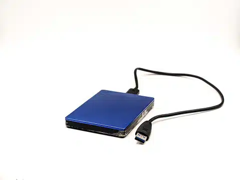 Blue data bank with USB cable for recovery at Payam Data Recovery, Australia.