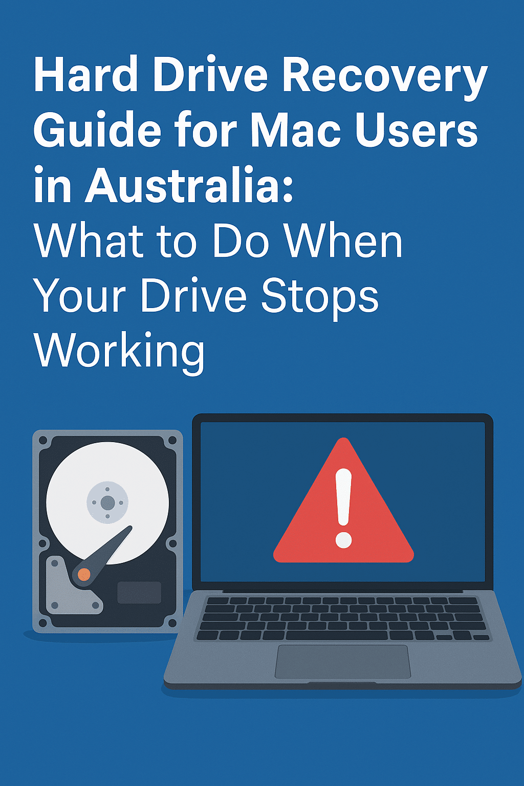 Mac laptop with hard drive and error symbol for hard drive data recovery guide in Australia"