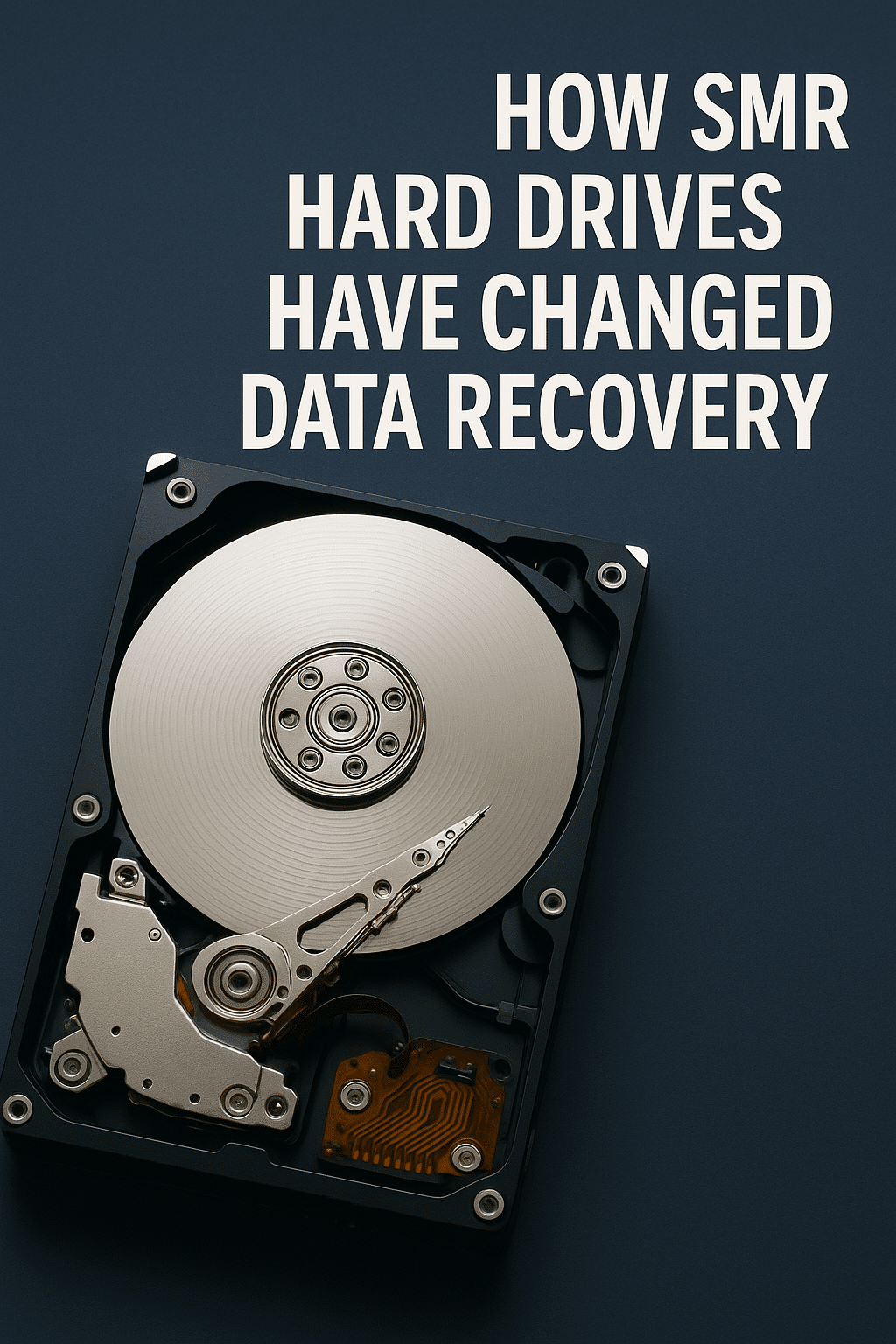 Open hard drive with visible components and text explaining how SMR hard drives have changed data recovery.