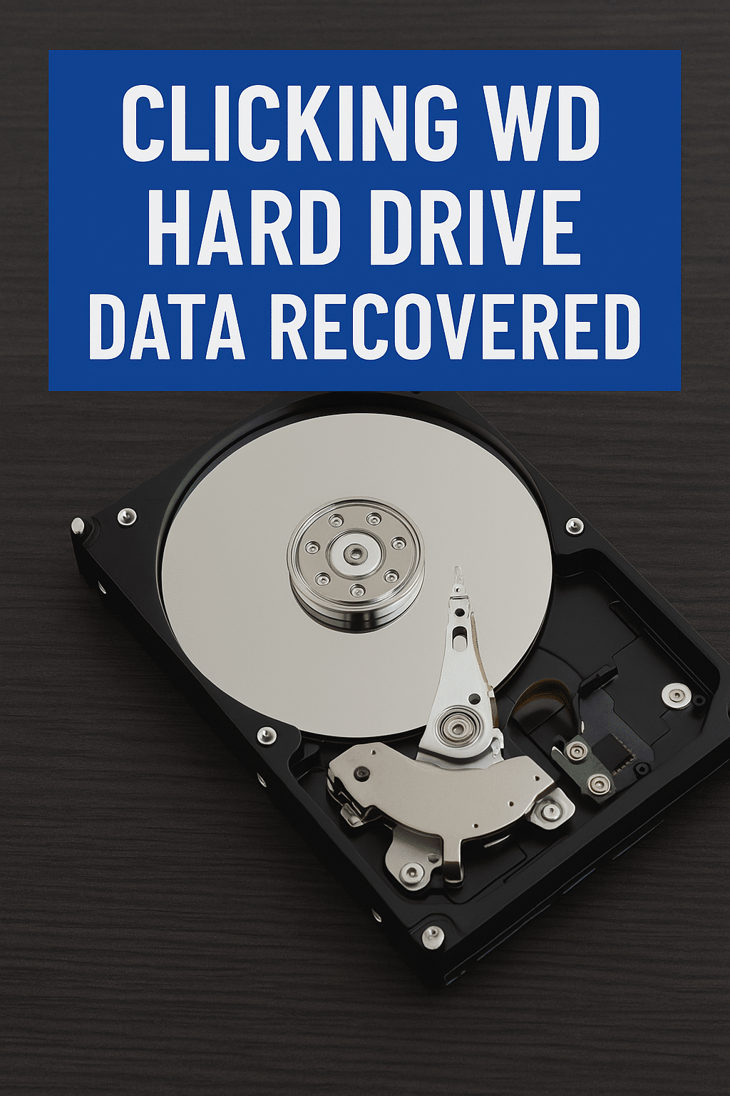pen WD hard drive with damaged heads, labeled 'Clicking WD Hard Drive Data Recovered' on a blue banner.