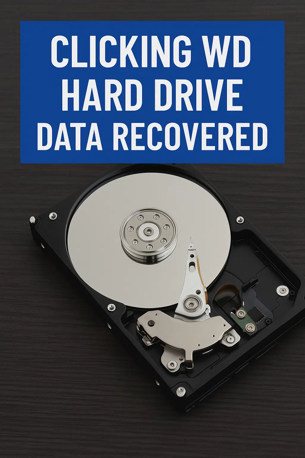 pen WD hard drive with damaged heads, labeled 'Clicking WD Hard Drive Data Recovered' on a blue banner.