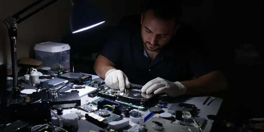 Technician inspects opened hard drive on cluttered workbench