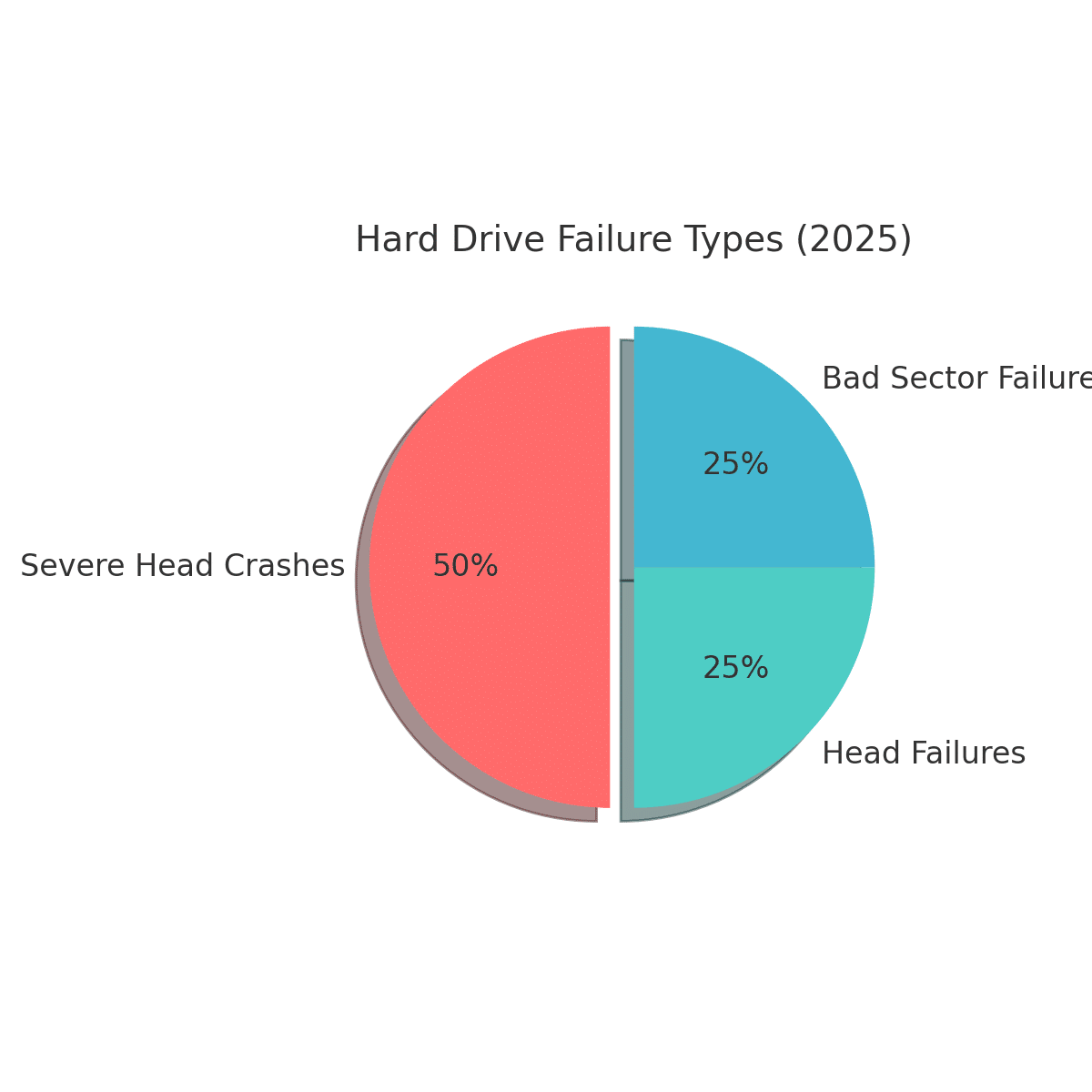Pie chart showing hard drive failure statistics for 2025: 50% severe head crashes, 25% head failures, 25% bad sector failures