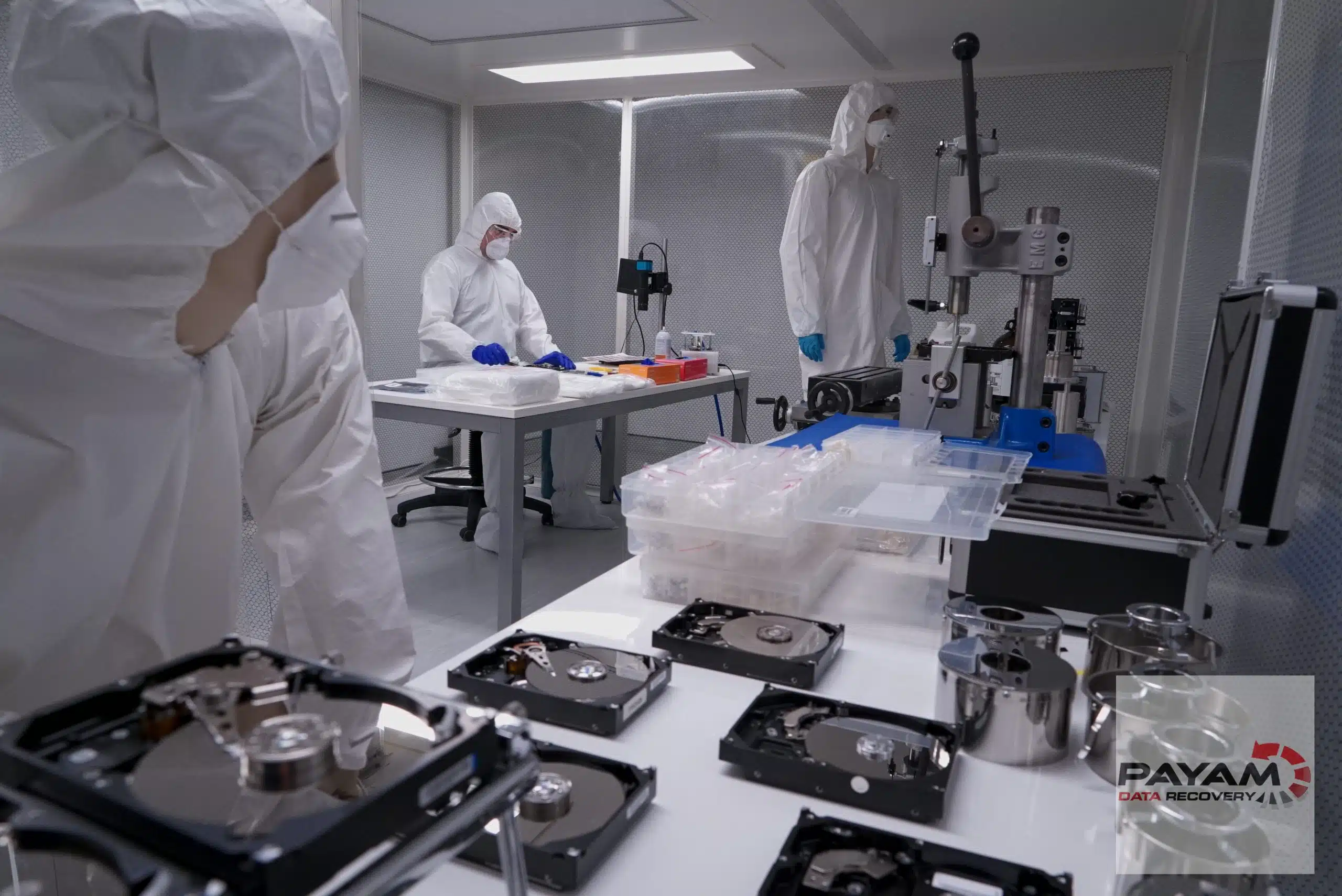 Technicians in coveralls working inside the laminar flow cabinet with drives and tools