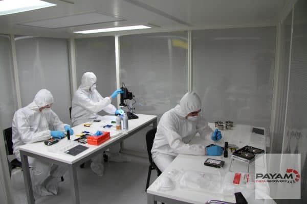 Payam Data Recovery engineers performing hard drive data recovery inside a certified cleanroom at the Perth facility.
