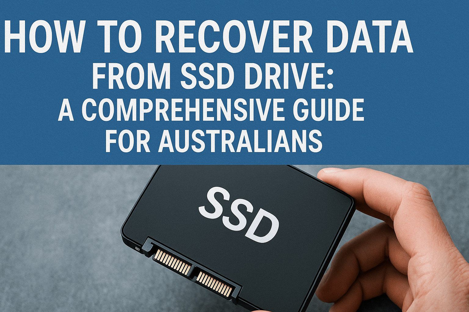 Close-up of a hand holding a black SSD drive with title text "How to Recover Data from SSD Drive: A Comprehensive Guide for Australians"