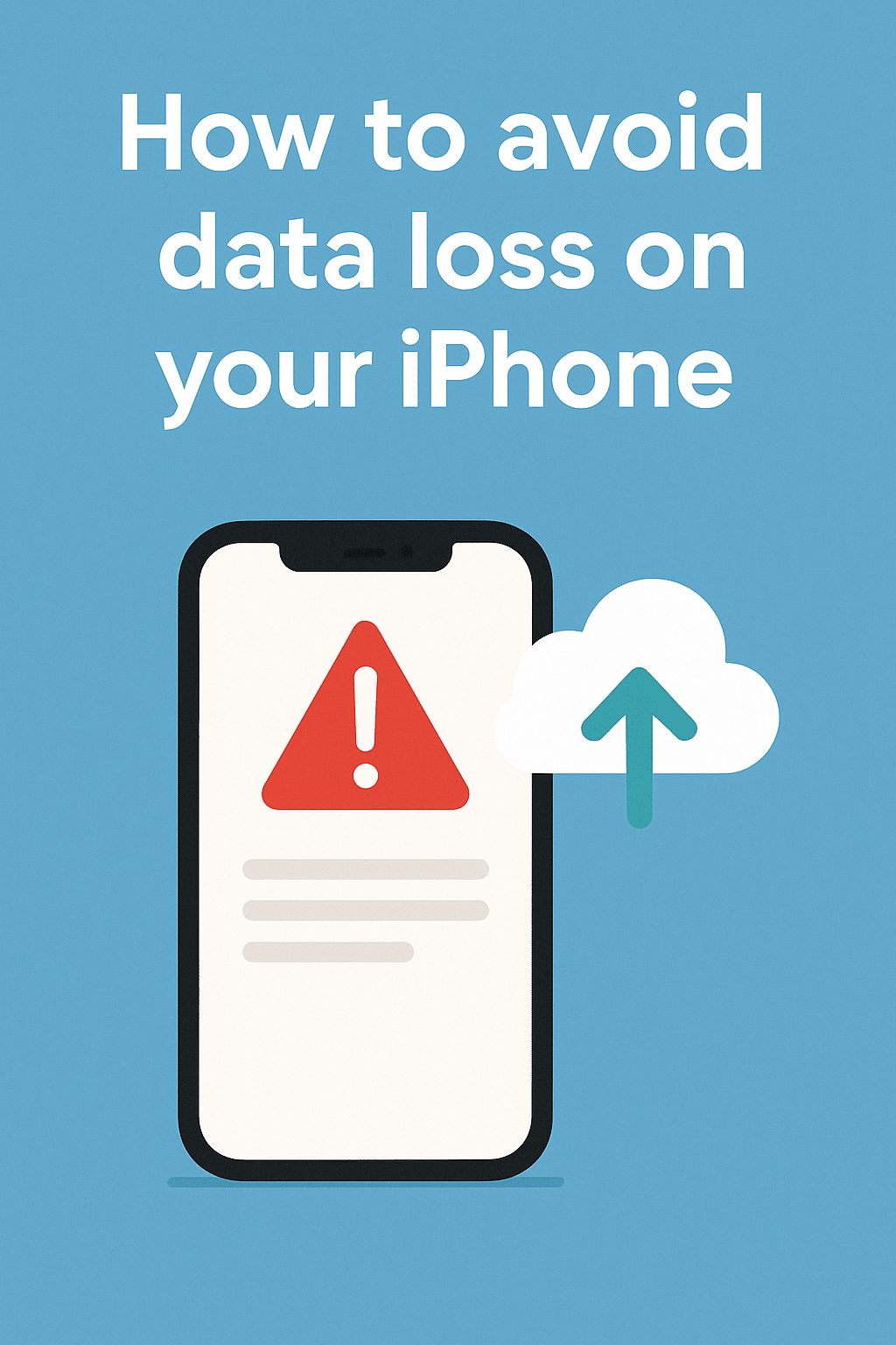 Illustration of an iPhone with a warning triangle and a cloud icon, highlighting iPhone data loss prevention and backup methods.