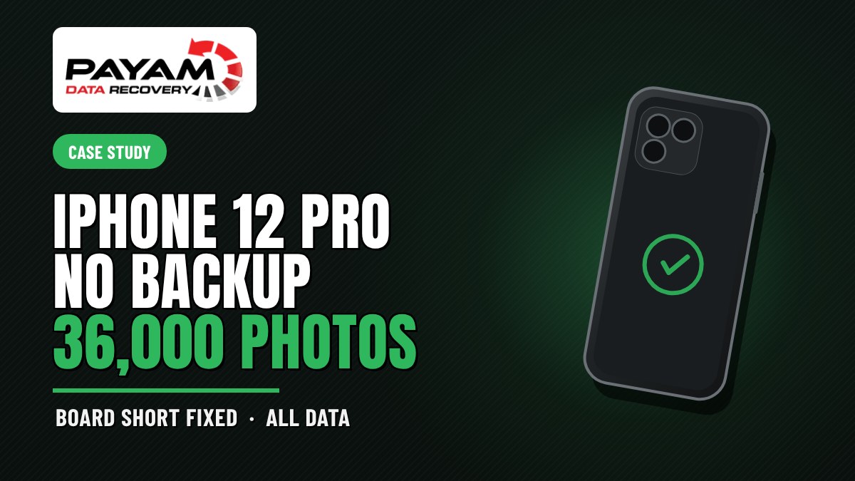 Case study graphic: iPhone 12 Pro No Backup, 36,000 Photos