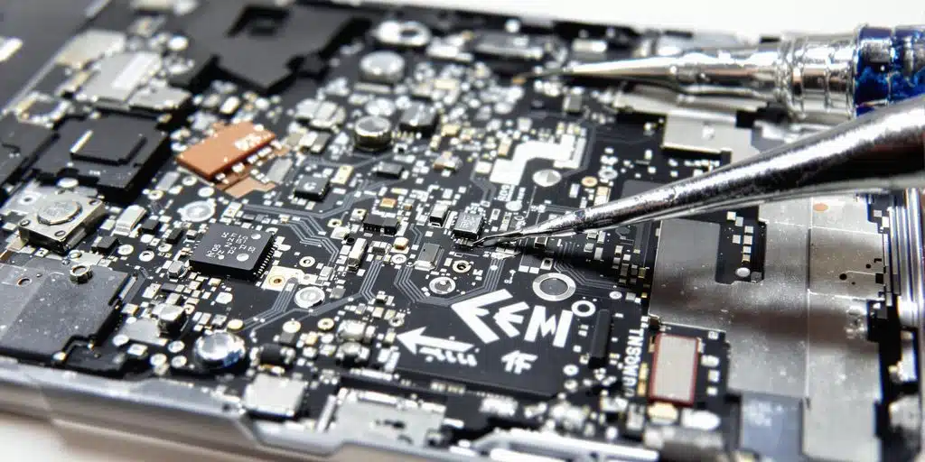 Water-damaged ZFold 3, open, circuit board visible. Recovery tools nearby.
