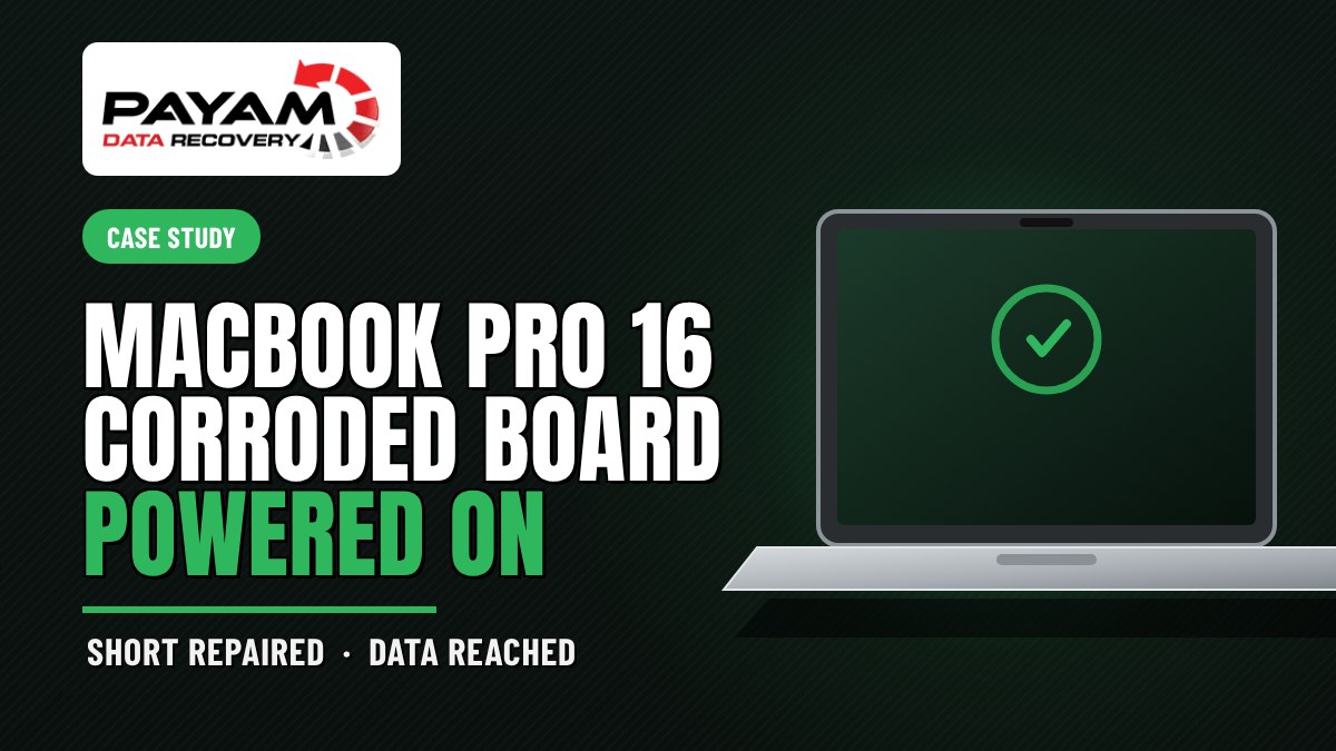 Case study graphic: MacBook Pro 16 Corroded Board, Powered On