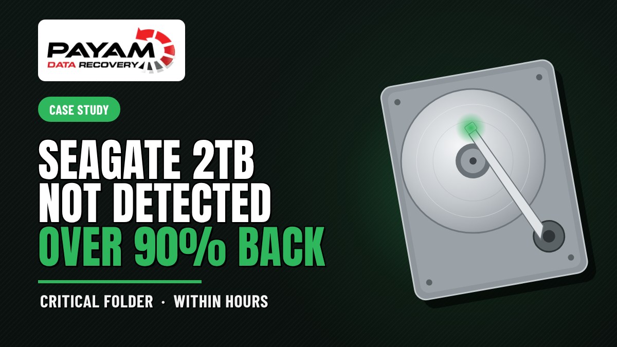 Case study graphic: Seagate 2TB Not Detected, Over 90% Back