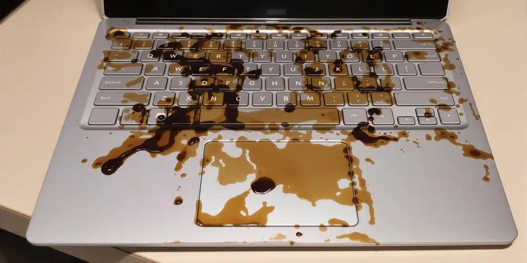 Coffee-damaged Surface Laptop, keyboard drenched, screen dark.
