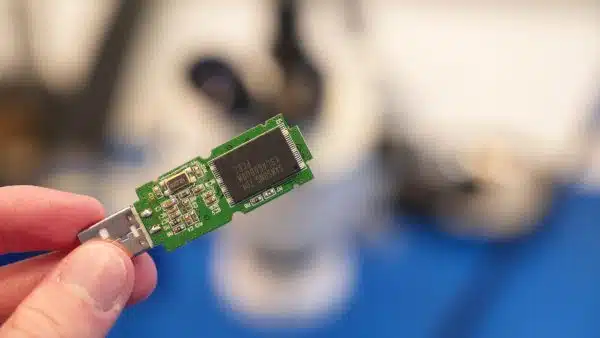 Technician holding a small USB flash drive under a microscope