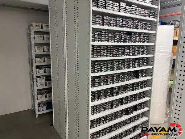Shelf filled with donor hard drives at Payam Data Recovery lab in Australia.