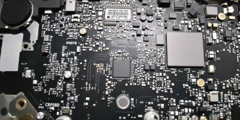Close-up of a MacBook logic board with intricate circuitry.