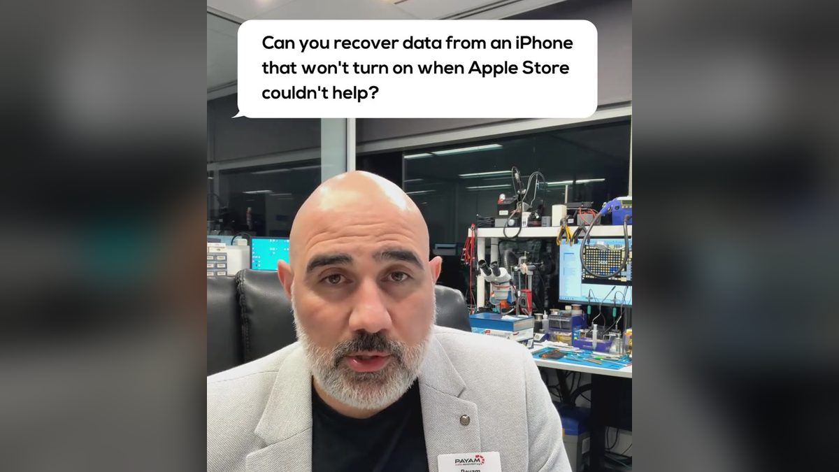 Video still: presenter in the lab with an on screen question about an iPhone that will not turn on when Apple could not help
