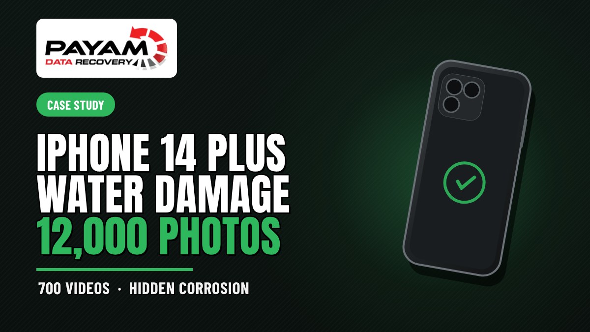 Case study graphic: iPhone 14 Plus Water Damage, 12,000 Photos