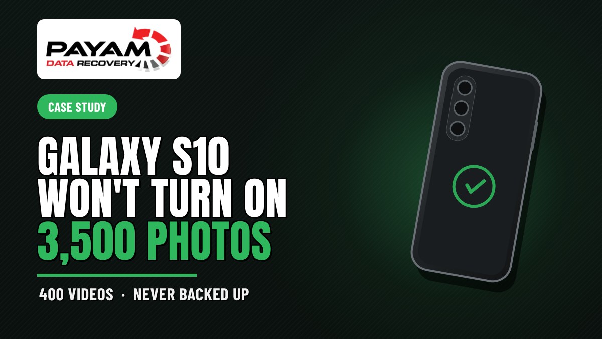 Case study graphic: Galaxy S10 Won't Turn On, 3,500 Photos