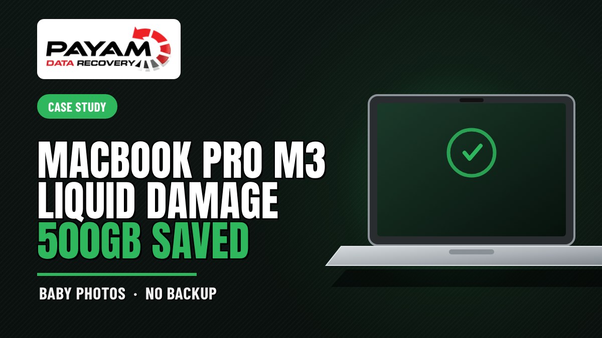 Case study graphic: MacBook Pro M3 Liquid Damage, 500GB Saved