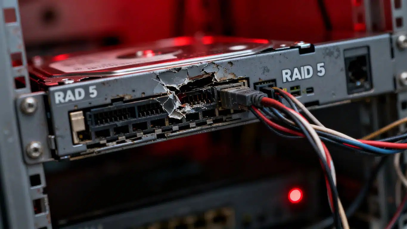 Damaged RAID 5 drive in a NAS unit.