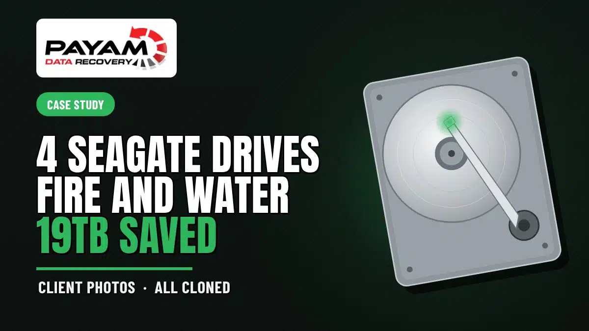 Case study graphic: 4 Seagate Drives Fire And Water, 19TB Saved