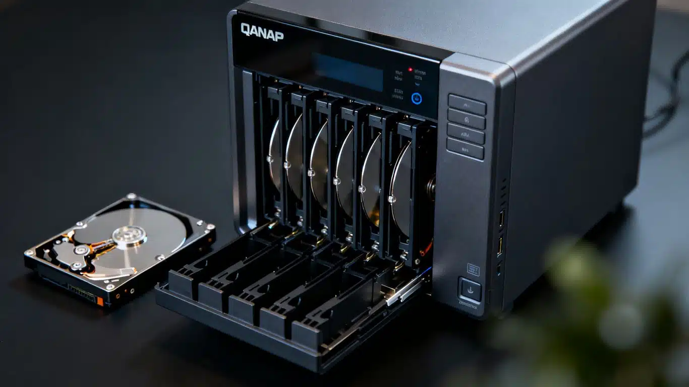 QNAP NAS device with drive bays open and hard drives removed