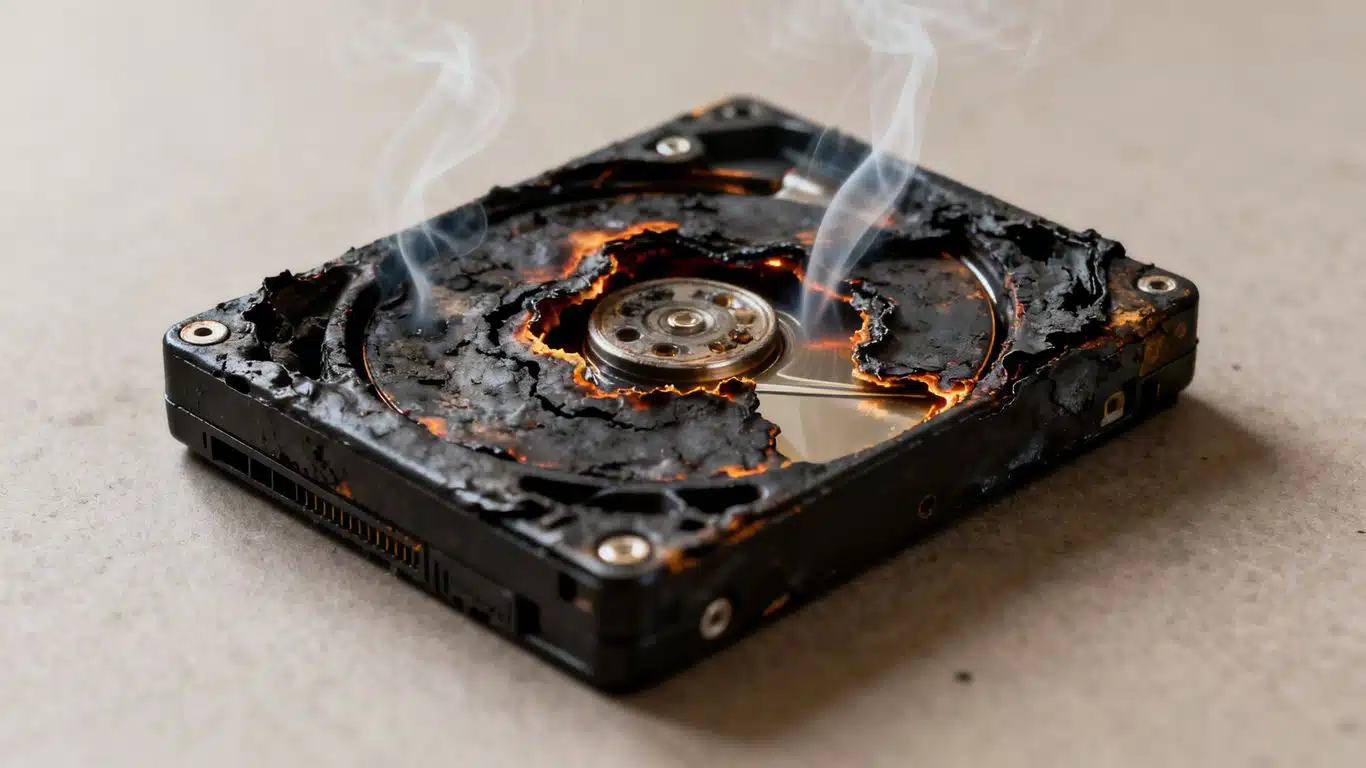 Fire-damaged hard drive, smoke rising, data recovery.