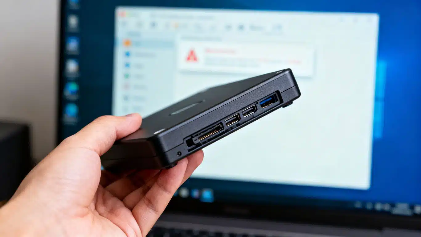 Hand holding external hard drive, computer screen shows error.