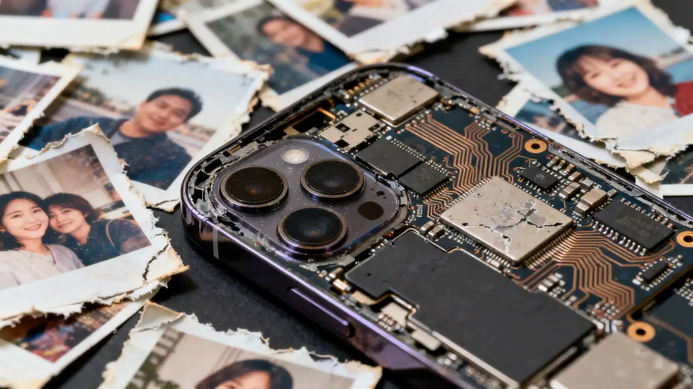 Damaged iPhone logic board with recovered digital photos.