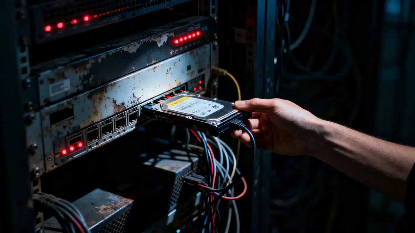 Expert fixing a damaged RAID 5 server with blinking red lights.