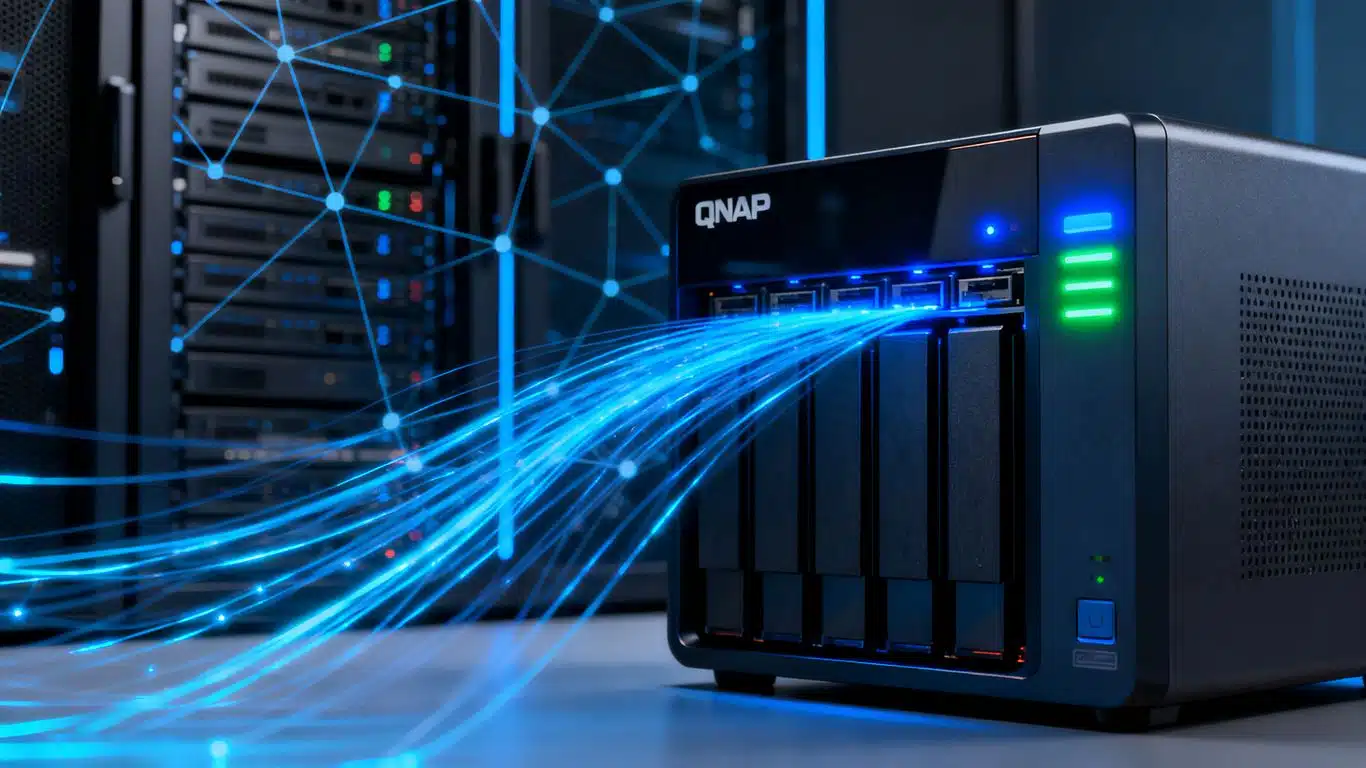 QNAP NAS device with data streams and network pattern.