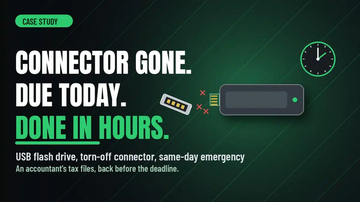 Case study graphic: connector gone, due today, done in hours, USB flash drive torn off connector