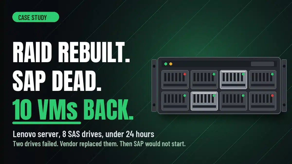 Case study graphic: RAID rebuilt, SAP dead, 10 VMs back, Lenovo server, eight SAS drives, two replaced