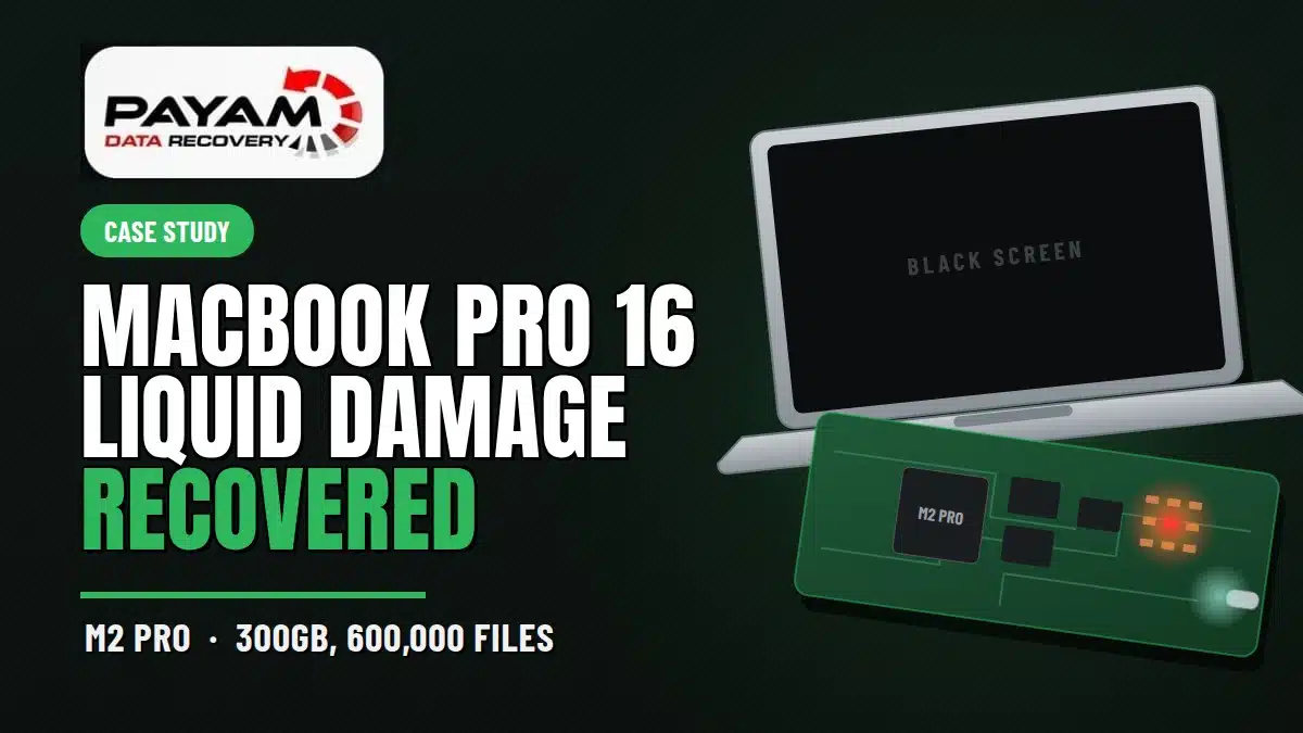 Case study graphic: MacBook Pro 16 liquid damage recovered, M2 Pro with 300GB and 600,000 files